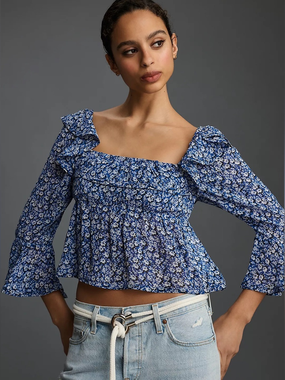 Anthropologie Maeve Blue Floral Ruffle Peplum Tie Back Top | Small